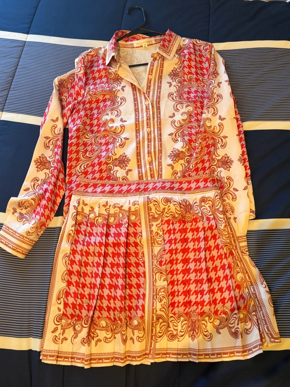 Women’s Red and Cream Printed Button-Front Shirt & Skirt Set